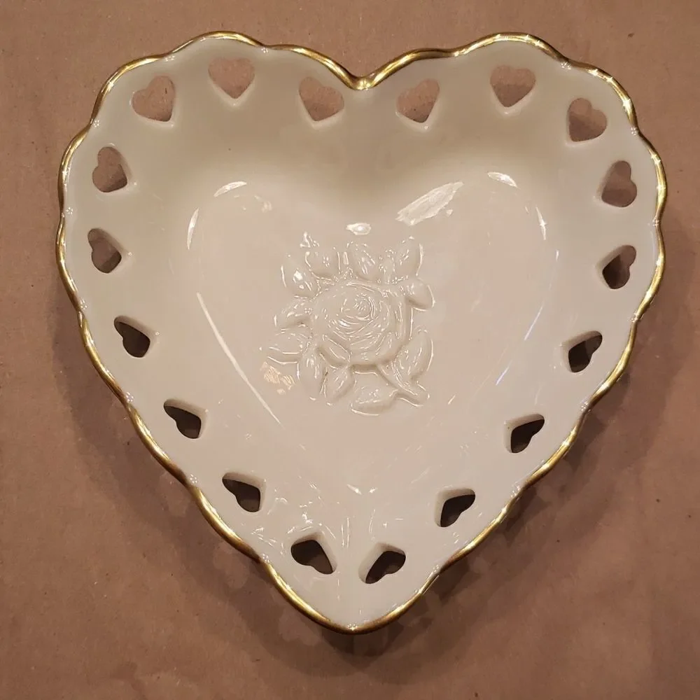 Small Vintage Lenox Heart Shaped Dish with Heart Shaped Cutouts Gold Trim